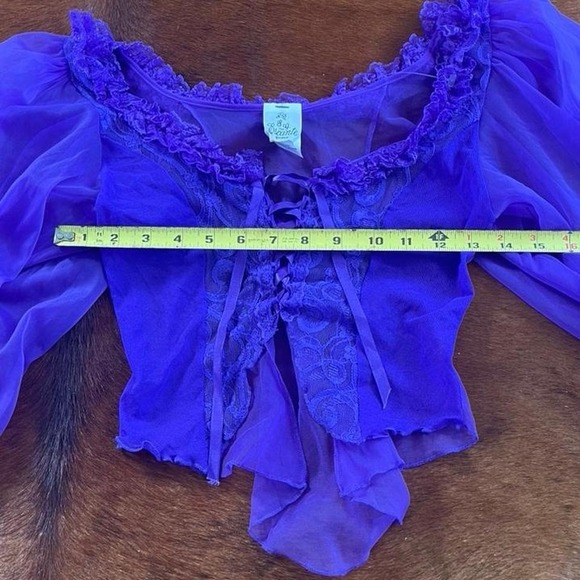 Y2k lace up Vintage Purple Sheer Lace-Up Fairy Blouse with Ruffle Trim - Picture 5 of 5